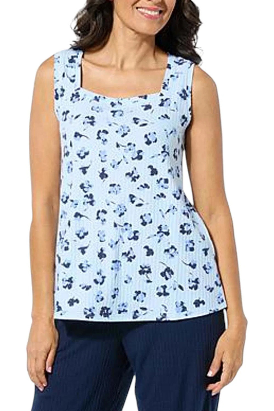 Comfort Code Women's Ribbed Square Neck Tank Blue Shadow Floral - Regular